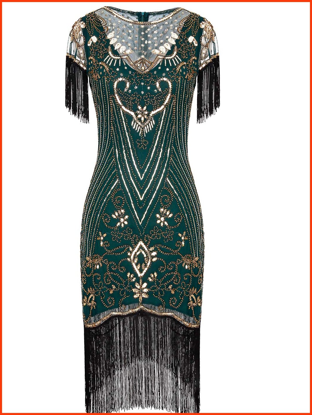 並行輸入品FAIRY COUPLE Womens 1920s Lace Neck Great Gatsby Dress Sequin Art Deco Flapper Dress with Sleeve D20S028 XL G