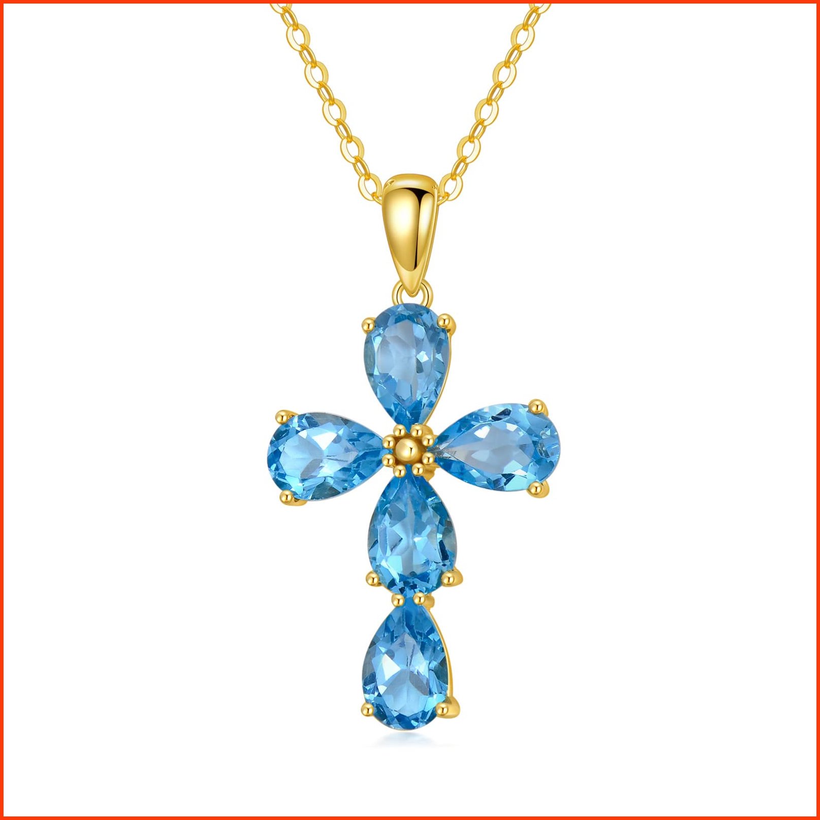 並行輸入品14K Gold Cross Necklace for Women with Natural Blue Topaz Real Gold Cross Necklace and Chain Religious Jewelr