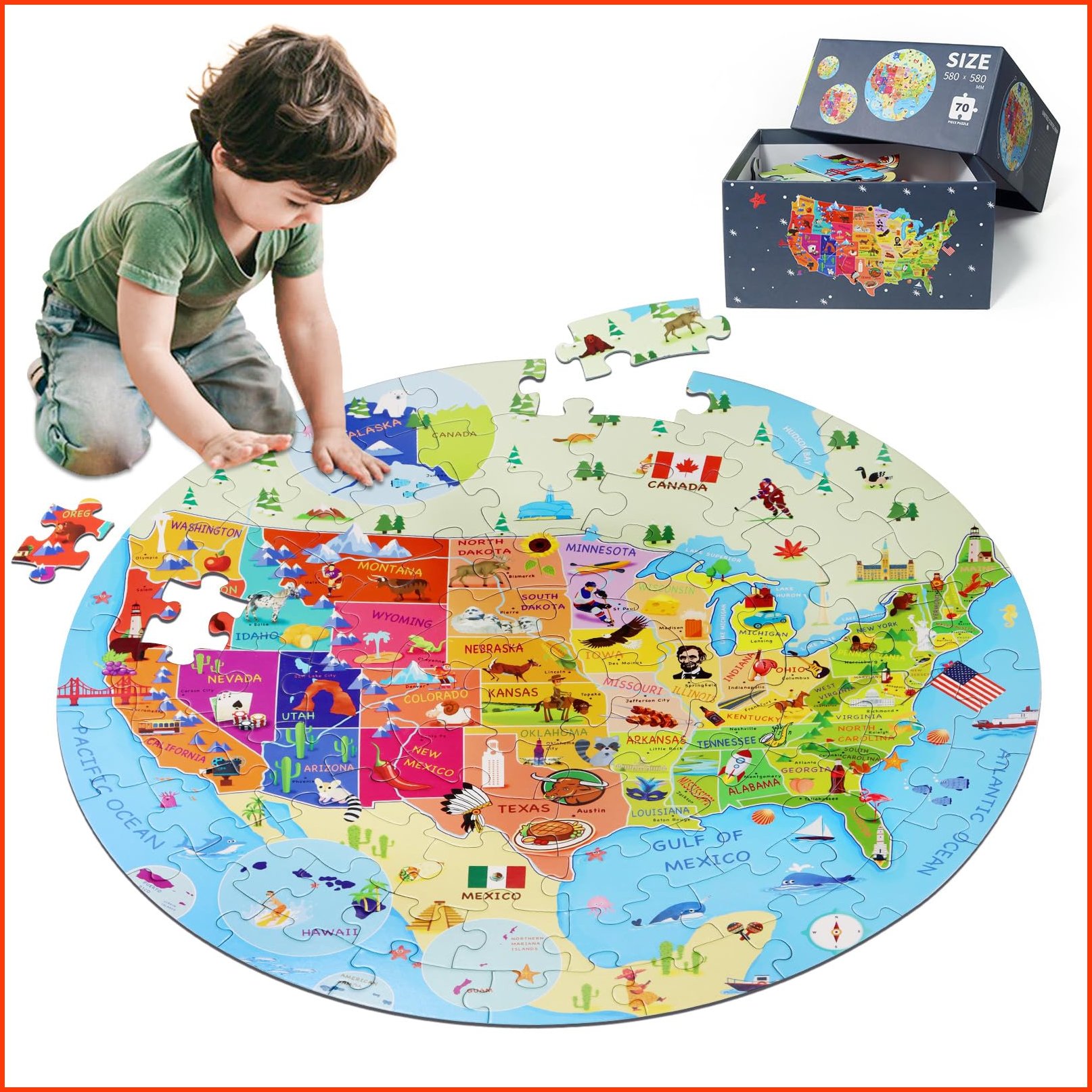 並行輸入品DIGOBAY United States Puzzle 70 Pieces USA Map Floor Jigsaw Puzzles for Kids Ages 4-10 Jumbo Round US Geograp