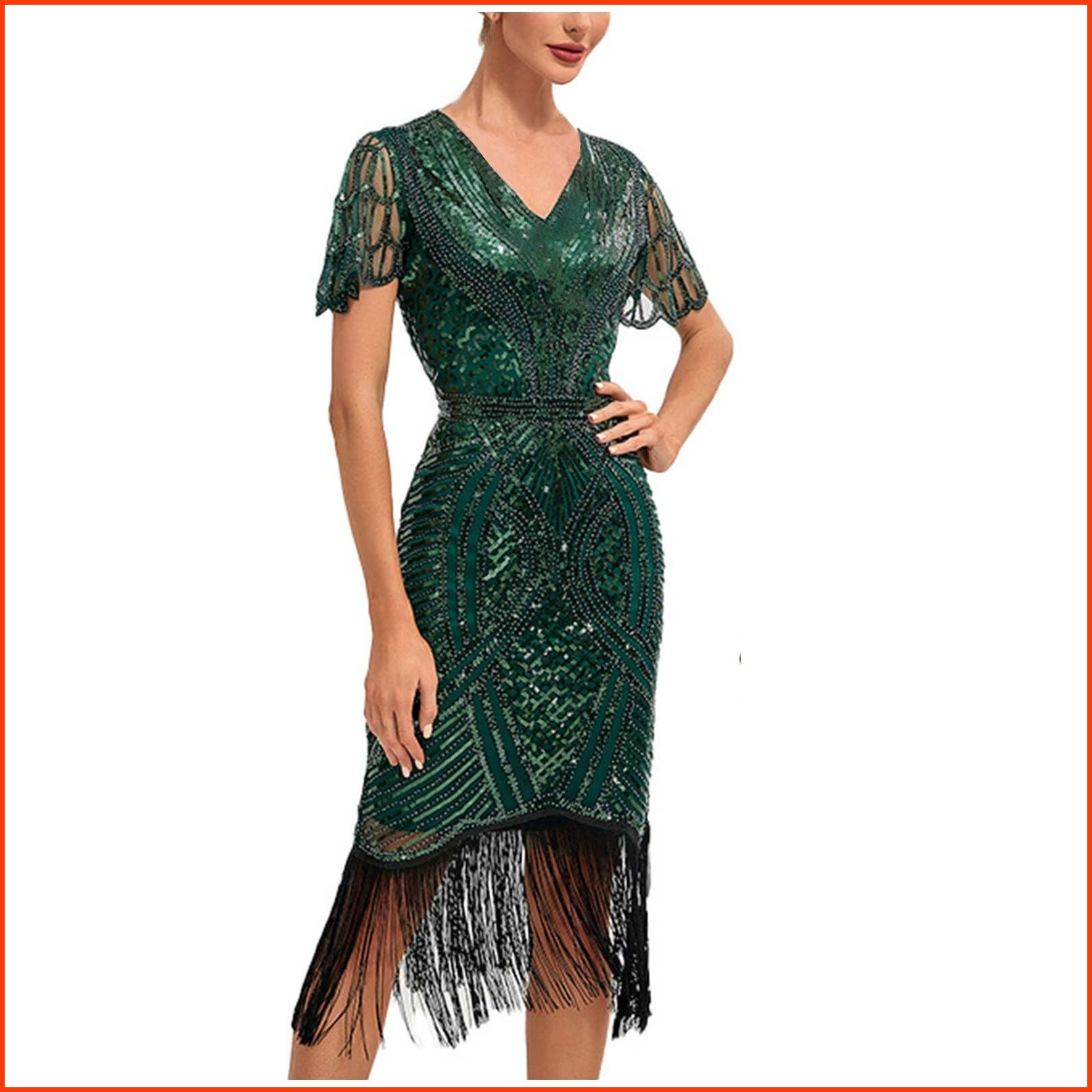 並行輸入品Womens Sequin Flapper Dress1920s Gatsby Fringe Dresses Short Sleeve V Neck Bodycon Dress for FormalPartyPr