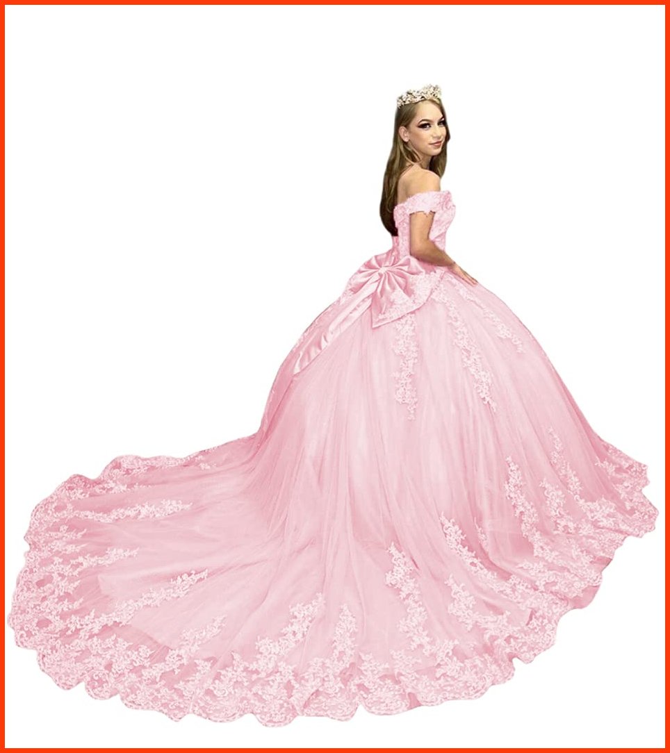 並行輸入品PFTFB Princess Sweet 15 16 Gowns for Women Off Shoulder Lace Quinceanera Dresses with Train Puffy Blush Pink L